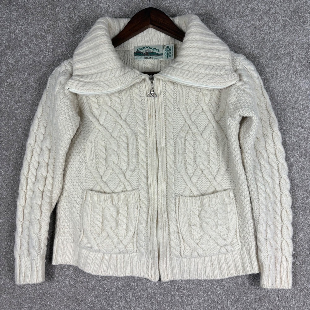 Aran Crafts Ireland Merino Wool Zip Cardigan Sweater Cream Cable Knit Women XS